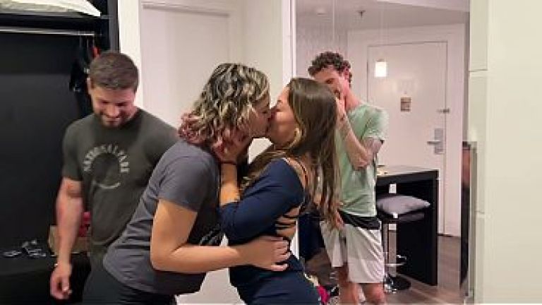 We invited our neighbors over for pizza and it ended in a partner swap, lots of sex and making out.