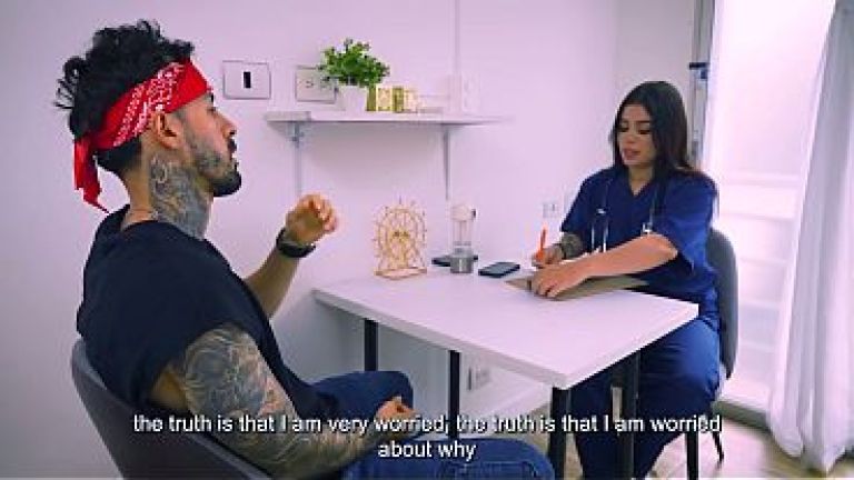 I visit a very sexy doctor to help me with my erections and end up fucking her hard until I cum on her big tits